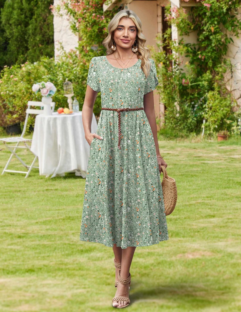 HOTOUCH Summer Dresses for Women 2026 Vacation Dress Flowy Dresses Women Boho Midi Sundress Crew Neck Spring Dress, Light Green Floral,2XL - Image 5
