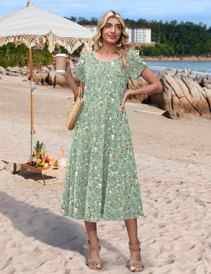 HOTOUCH Summer Dresses for Women 2026 Vacation Dress Flowy Dresses Women Boho Midi Sundress Crew Neck Spring Dress, Light Green Floral,2XL - Image 4