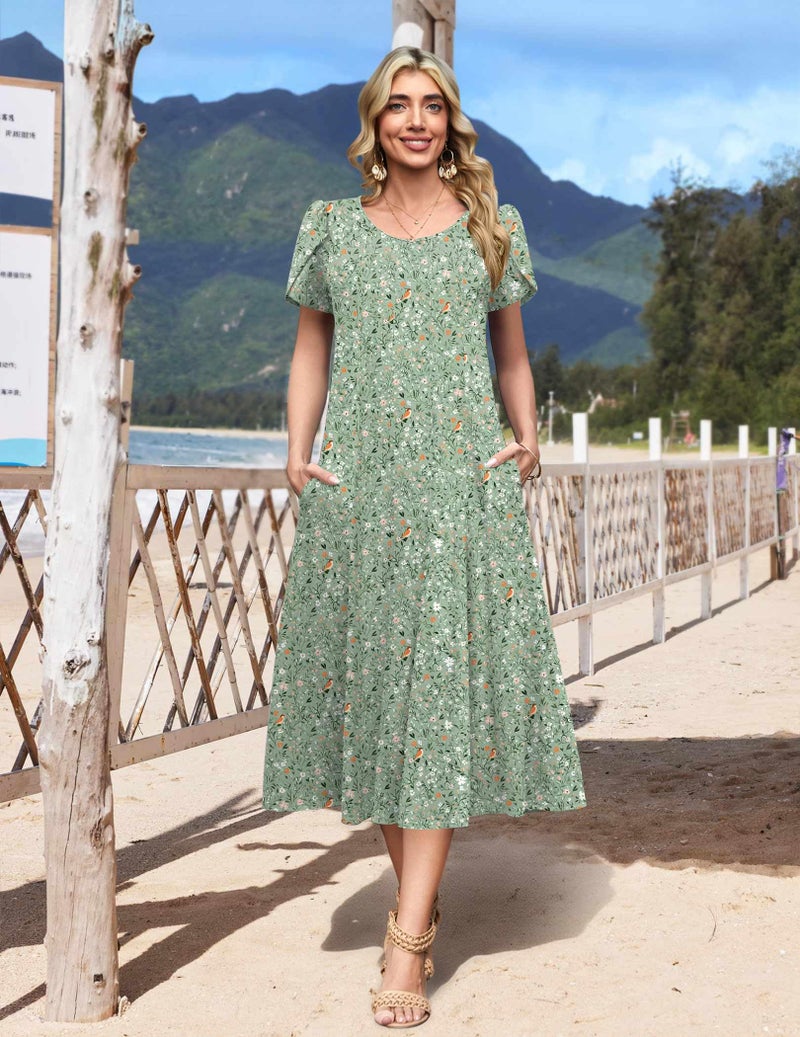HOTOUCH Summer Dresses for Women 2026 Vacation Dress Flowy Dresses Women Boho Midi Sundress Crew Neck Spring Dress, Light Green Floral,2XL - Image 3