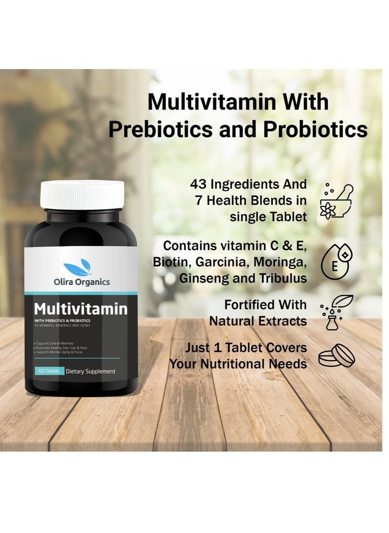 Multivitamin With Prebiotic, 100 million CFU Probiotics, Vitamin C, Vitamin D, and Zinc| Advanced Formula With Ginseng, Tribulus, Moringa, Garcinia, Ginkgo & Grape Seed Extract | Formulated With 43 Herbs For Energy, Antioxidant, Hair & Skin Support | For Men & Women 100 Tablets
