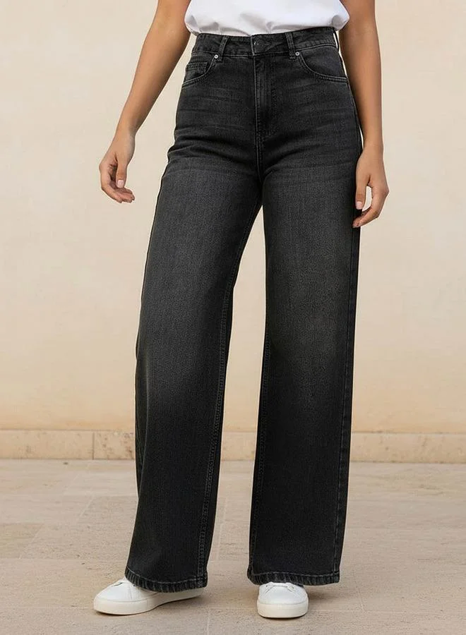 Lee Cooper Wide Leg Button Waist Jeans with Pockets Cotton