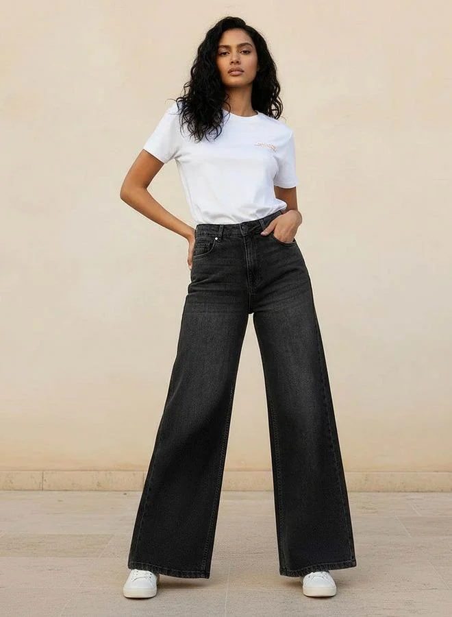 Lee Cooper Black Lee Cooper Wide Leg Button Waist Jeans with Pockets Cotton for Women | Best Price UAE