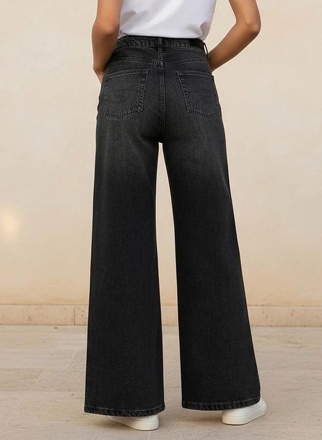 Lee Cooper Black Lee Cooper Wide Leg Button Waist Jeans with Pockets Cotton for Women | Best Price UAE