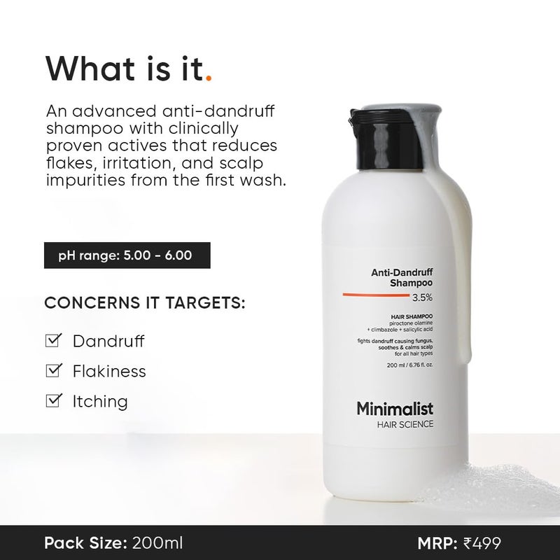 Minimalist AntiDandruff Shampoo With Salicylic Acid Climbazole Piroctone Olamine Remove Flakes Soothes Itchy Scalp Reduces Dandruff SulphateFree FragranceFree Suitable for All Hair Types For Men Women 200 ml - Image 2