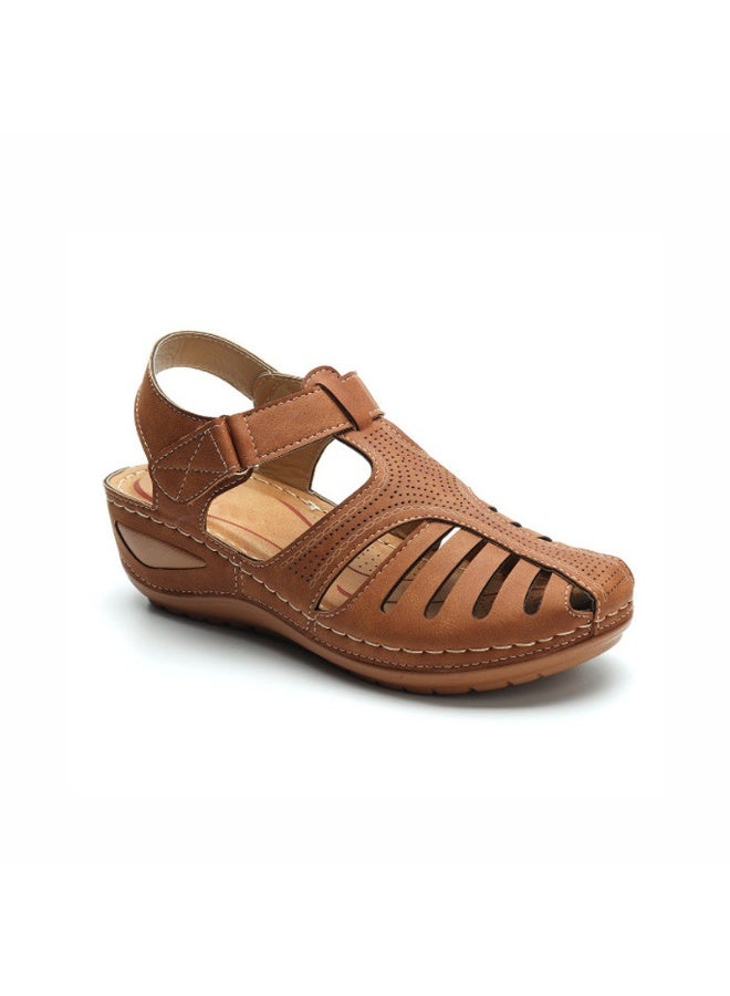 NIBEMINENT صنادل ويدج جلدية عصرية صيفية للنساء غير قابلة للانزلاق مفتوحة الأصابع منصة أحذية ناعمة للبحر أحذية رومانية - Image 1