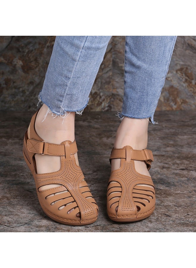 NIBEMINENT صنادل ويدج جلدية عصرية صيفية للنساء غير قابلة للانزلاق مفتوحة الأصابع منصة أحذية ناعمة للبحر أحذية رومانية - Image 2