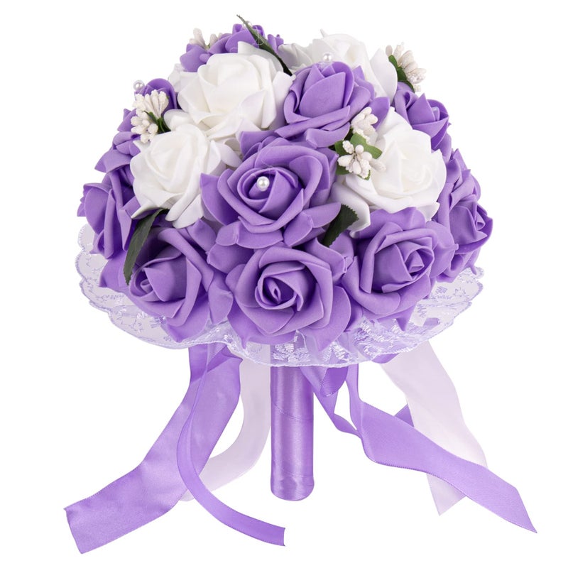 AUEAR Wedding Bouquets Flower Bridal Bridesmaid Pearl Silk Artificial Rose for Bride Party and Church Purple