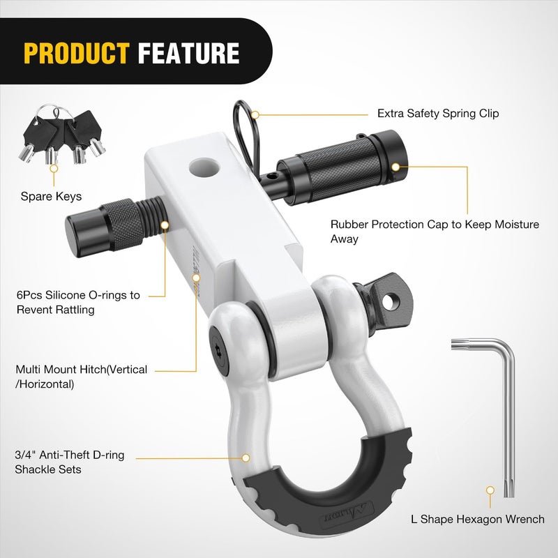 Nilight Anti-Theft Shackle Hitch Receiver 2Inch 45000 LBs Breaking Strength 3/4" Anti-Theft D Ring Shackle 5/8" Trailer Hitch Lock Pin Heavy Duty Solid Towing Kit for Trucks Off Road (White) - Image 4