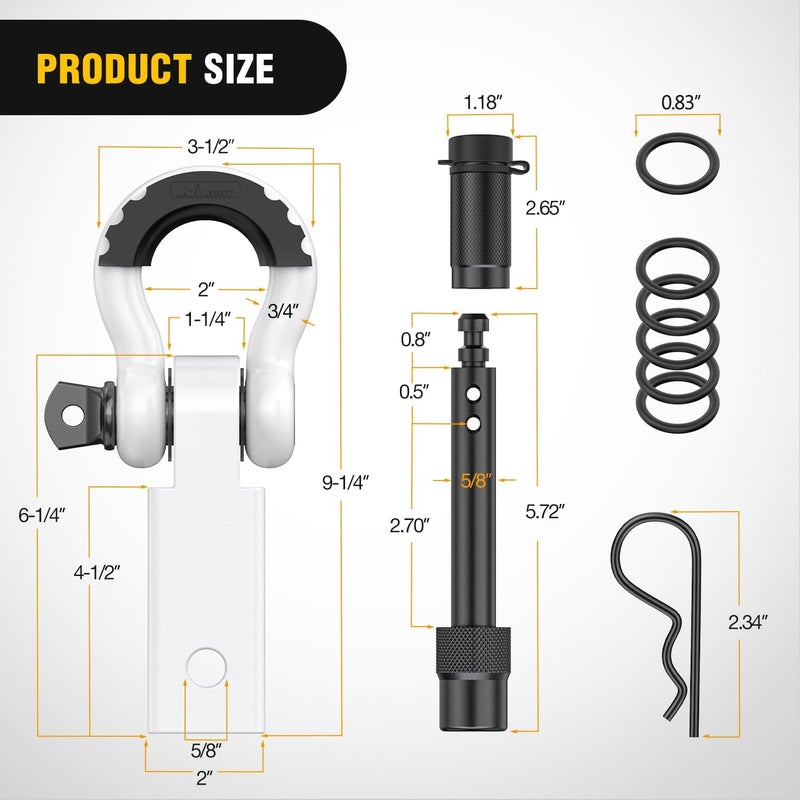 Nilight Anti-Theft Shackle Hitch Receiver 2Inch 45000 LBs Breaking Strength 3/4" Anti-Theft D Ring Shackle 5/8" Trailer Hitch Lock Pin Heavy Duty Solid Towing Kit for Trucks Off Road (White) - Image 2