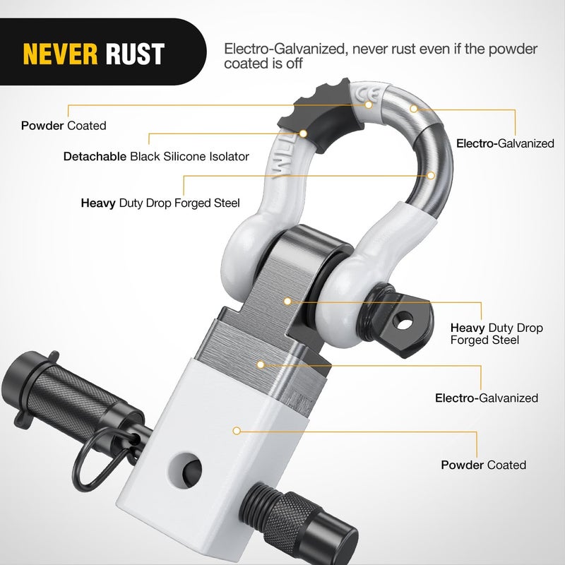 Nilight Anti-Theft Shackle Hitch Receiver 2Inch 45000 LBs Breaking Strength 3/4" Anti-Theft D Ring Shackle 5/8" Trailer Hitch Lock Pin Heavy Duty Solid Towing Kit for Trucks Off Road (White) - Image 3
