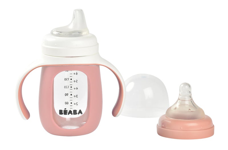 BEABA 2-in-1 Glass Baby Bottle to Glass Transition Sippy Cup, Spill Proof Sippy Cup, Toddler Baby Bottle with Soft Silicone Nipple and Spout, 7 oz (Rose) - Image 2