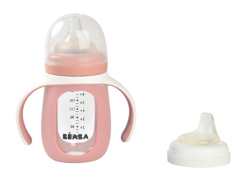 BEABA 2-in-1 Glass Baby Bottle to Glass Transition Sippy Cup, Spill Proof Sippy Cup, Toddler Baby Bottle with Soft Silicone Nipple and Spout, 7 oz (Rose) - Image 4