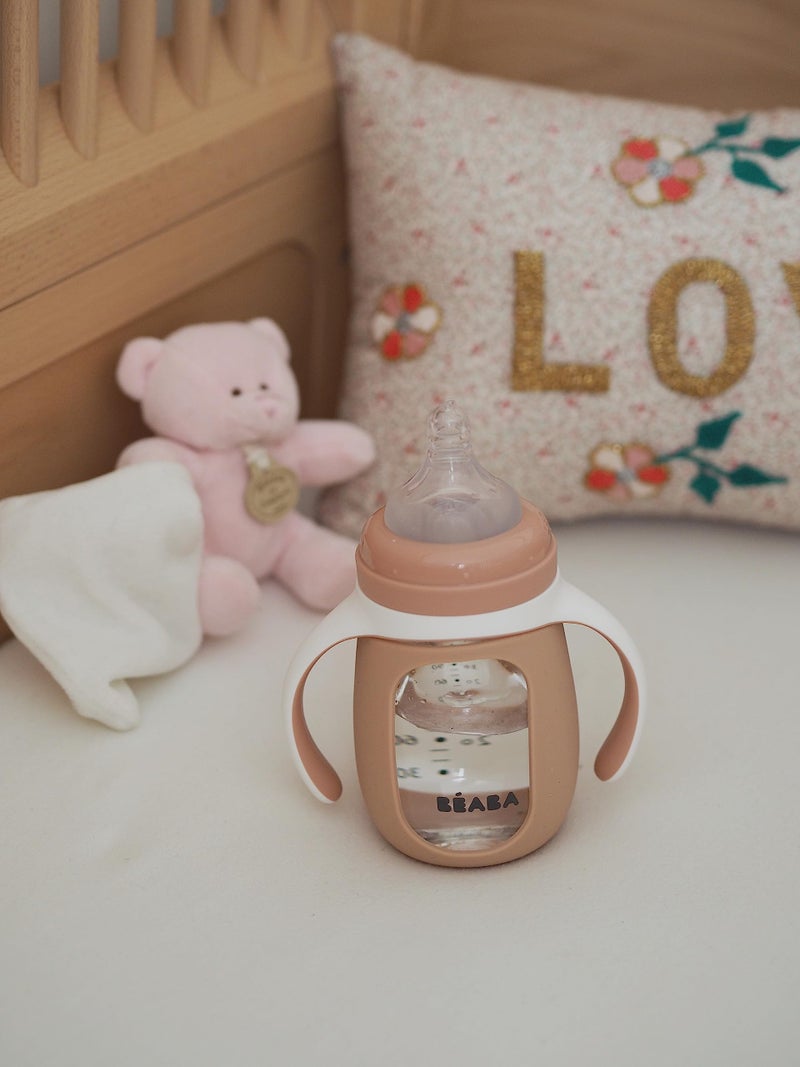 BEABA 2-in-1 Glass Baby Bottle to Glass Transition Sippy Cup, Spill Proof Sippy Cup, Toddler Baby Bottle with Soft Silicone Nipple and Spout, 7 oz (Rose) - Image 5