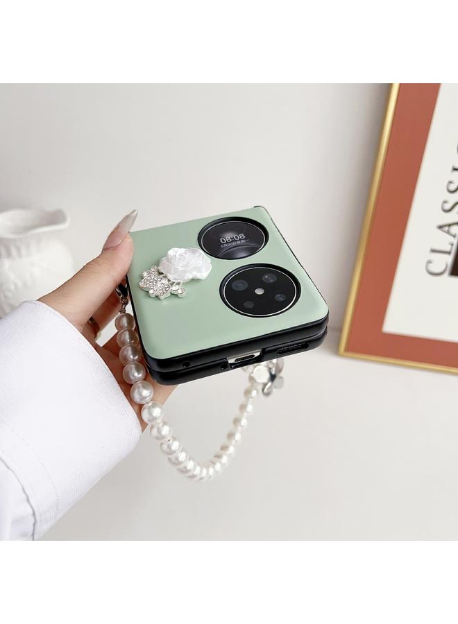 زبون جراب لهاتف Huawei Pocket 2 مصنوع من الجلد بتصميم وردة ثلاثية الأبعاد مع مشبك جانبي وغطاء كامل مقاوم للصدمات مع سوار من اللؤلؤ - Image 3