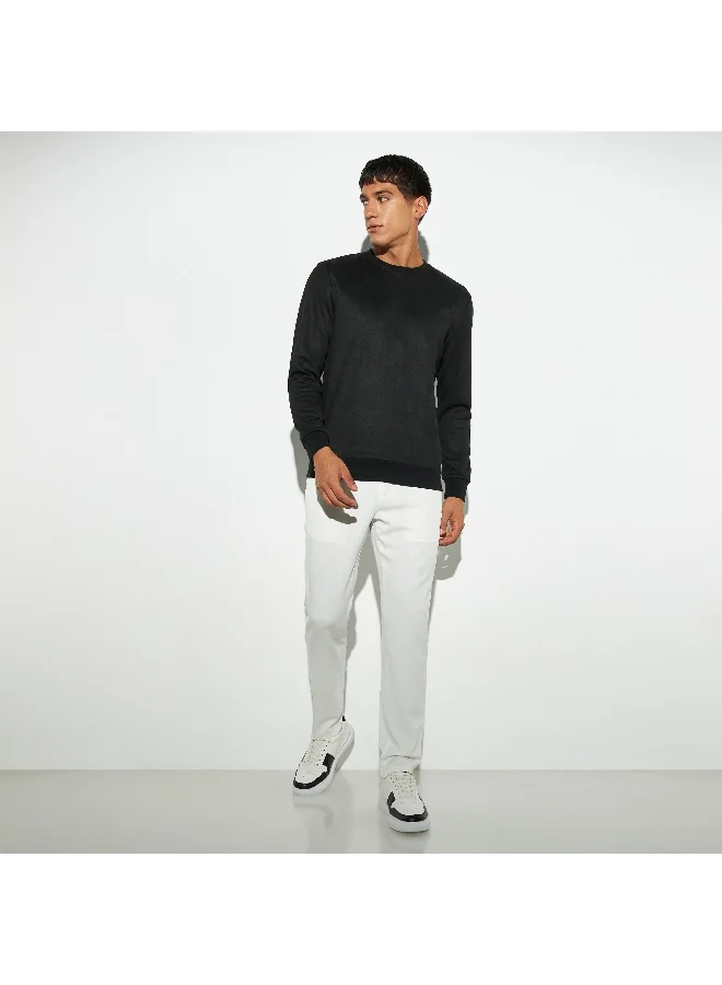 Iconic Iconic Solid Pablo Suede Sweatshirt with Crew Neck and Long Sleeves