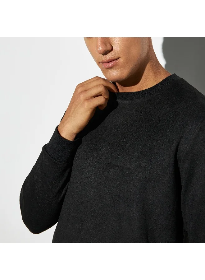 Iconic Iconic Solid Pablo Suede Sweatshirt with Crew Neck and Long Sleeves