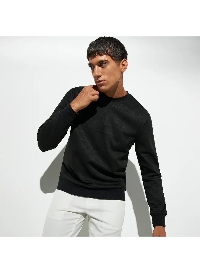 Iconic Iconic Solid Pablo Suede Sweatshirt with Crew Neck and Long Sleeves