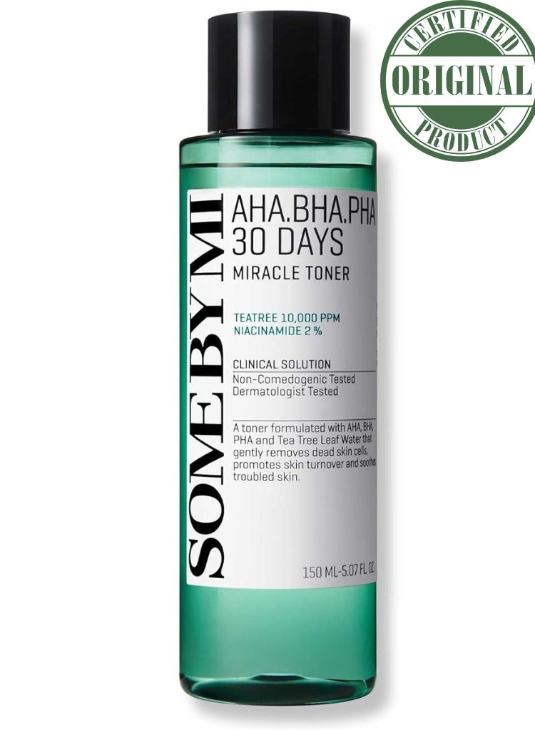 سام باي مي تونر المعجزة من SOME BY MI AHA BHA PHA لمدة 30 يوم - 5.07 أونصة، 150 مل - تونر كوري لطيف لتقشير البشرة لجميع أنواع البشرة - مزيل للرؤوس السوداء يوميًا ومقلص للمسام لملمس الوجه - العناية بالبشرة الكورية - Image 1