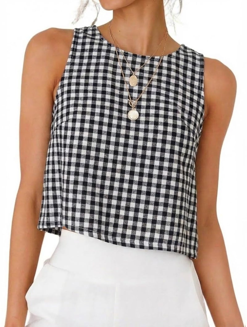 IDEALSANXUN Gingham Tank Top for Women 2026 Cotton Linen Cute Crop Summer Tops Sleeveless Plaid Shirts Blouses Beach Vacation Clothes, Black, XS - Image 1