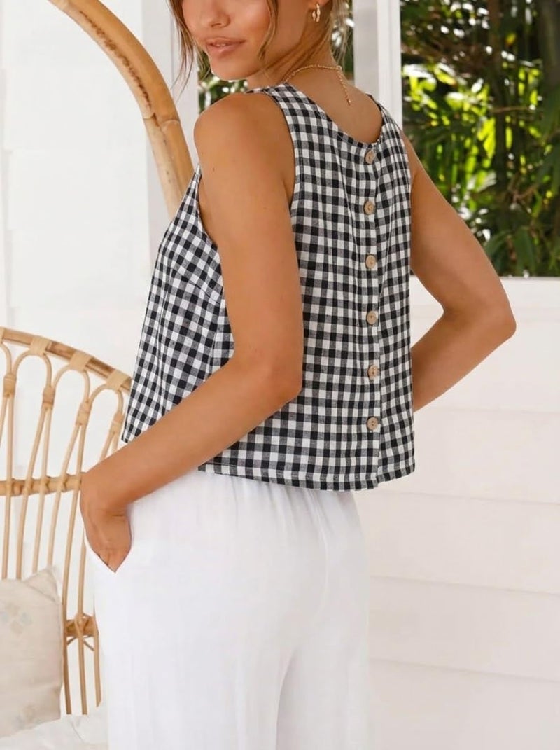 IDEALSANXUN Gingham Tank Top for Women 2026 Cotton Linen Cute Crop Summer Tops Sleeveless Plaid Shirts Blouses Beach Vacation Clothes, Black, XS - Image 2