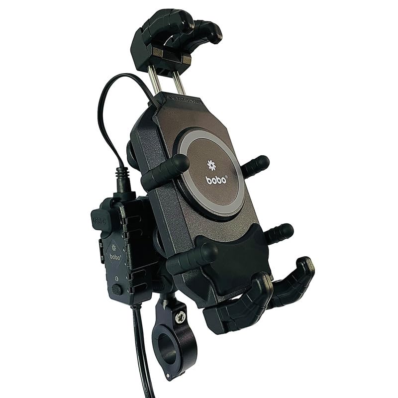 Bobo BM18H PRO Handlebar Anti-Vibration Anti-Theft Waterproof Bike/Motorcycle/Scooter Mobile Phone Holder Mount with Fast 15W Wireless & USB-C Charger, Ideal for Maps and GPS Navigation (Black) - Image 1