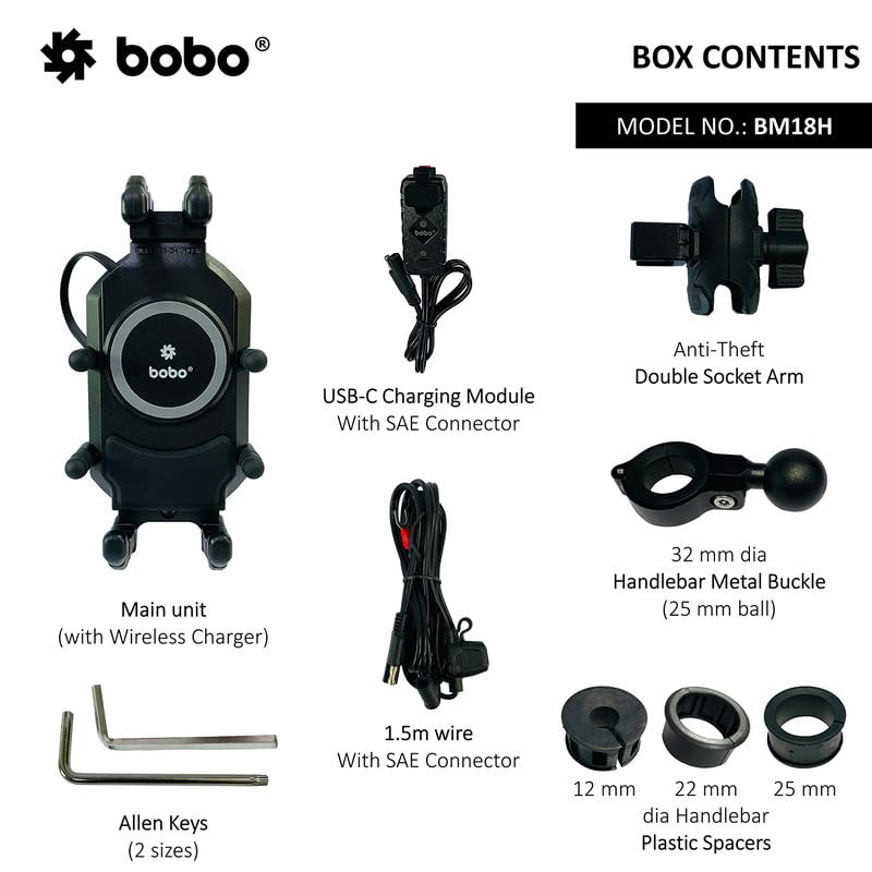 Bobo BM18H PRO Handlebar Anti-Vibration Anti-Theft Waterproof Bike/Motorcycle/Scooter Mobile Phone Holder Mount with Fast 15W Wireless & USB-C Charger, Ideal for Maps and GPS Navigation (Black) - Image 5