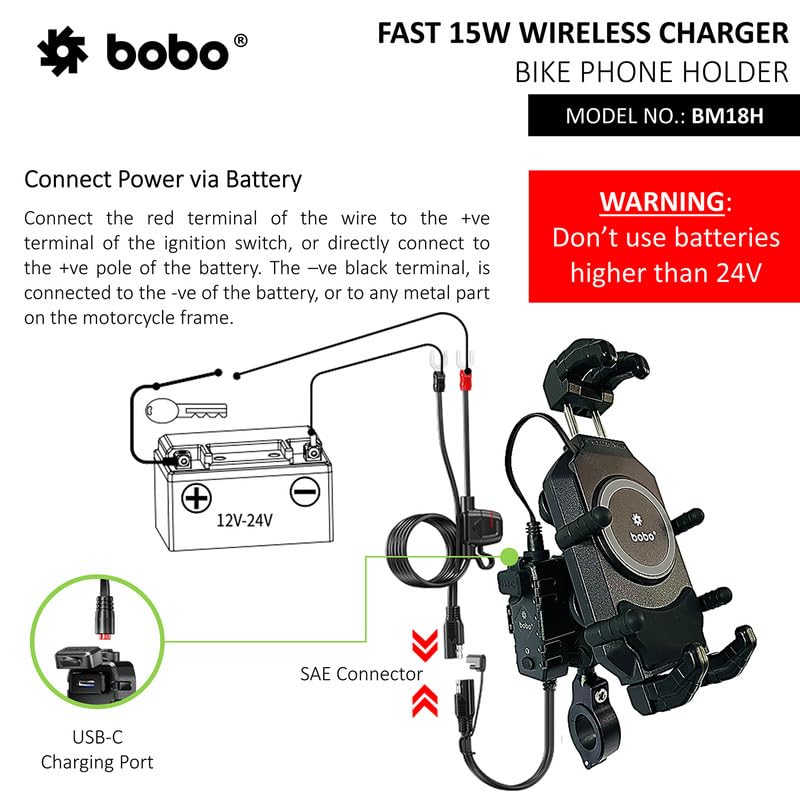 Bobo BM18H PRO Handlebar Anti-Vibration Anti-Theft Waterproof Bike/Motorcycle/Scooter Mobile Phone Holder Mount with Fast 15W Wireless & USB-C Charger, Ideal for Maps and GPS Navigation (Black) - Image 4