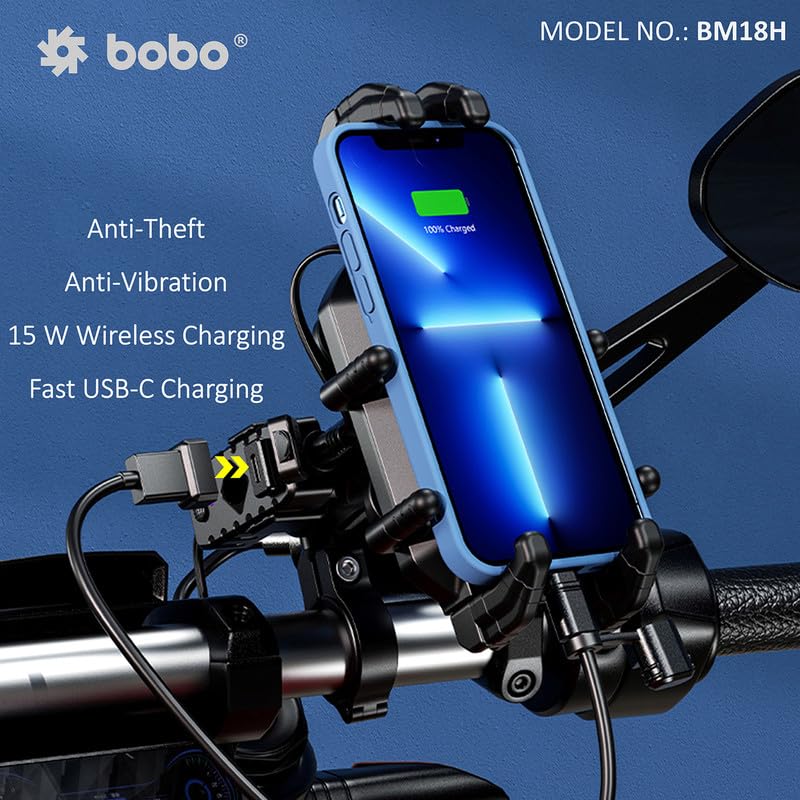 Bobo BM18H PRO Handlebar Anti-Vibration Anti-Theft Waterproof Bike/Motorcycle/Scooter Mobile Phone Holder Mount with Fast 15W Wireless & USB-C Charger, Ideal for Maps and GPS Navigation (Black) - Image 3
