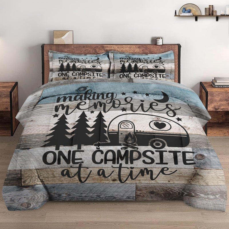 WeCozy Queen Size Comforter Set with 2 Pillowcases Inspirational Vintage Winter Retro Camp Soft 3 Pcs Bedding Set for Kids and Adults Bedroom Bed Decor