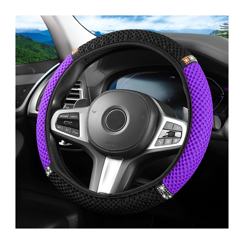 FALVFUN Bling Car Steering Wheel Cover 15 Inch Crystal Rhinestones Elastic Stretch Breathable Vehicle Steering Wheel Protector for Women Girls Universal Auto Interior Accessories Black Purple - Image 3