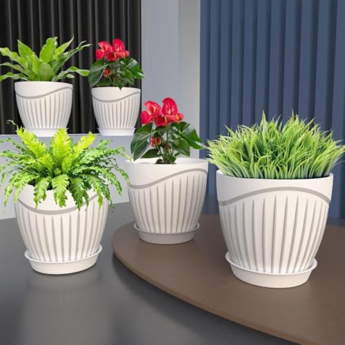 JD FRESH 5 Pack Plastic Round Flower Pots with Drainage & Bottom Tray/Lightweight, UV & Weather Resistant/6.5 Inch Planters for Indoor/Outdoor/Home/Terrace/Balcony/Garden Plant Pots - (White) - Image 1