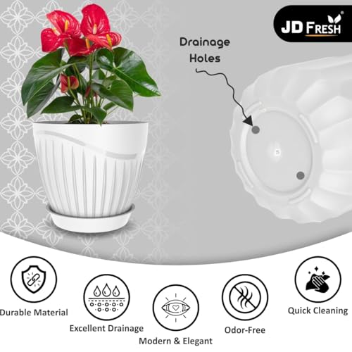 JD FRESH 5 Pack Plastic Round Flower Pots with Drainage & Bottom Tray/Lightweight, UV & Weather Resistant/6.5 Inch Planters for Indoor/Outdoor/Home/Terrace/Balcony/Garden Plant Pots - (White) - Image 5