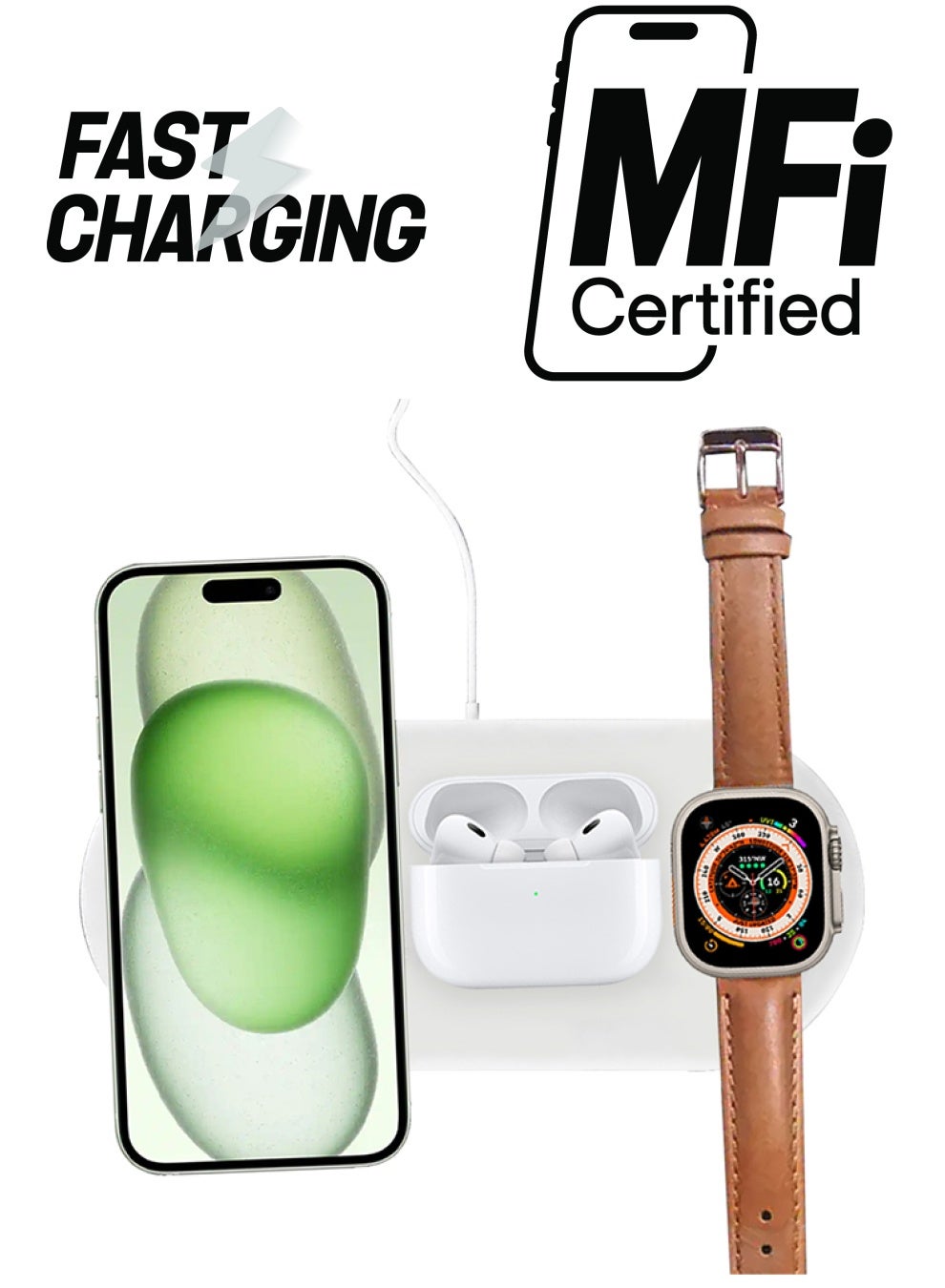 iPhone 15 Charging Station 3 In 1 Faster Mag-Safe Qi Charger Stand Wireless Charging Pad For iWatch Ultra2 Ultra 8/7/SE/6/5/4/3/2/1 AirPods pro/2/3 White