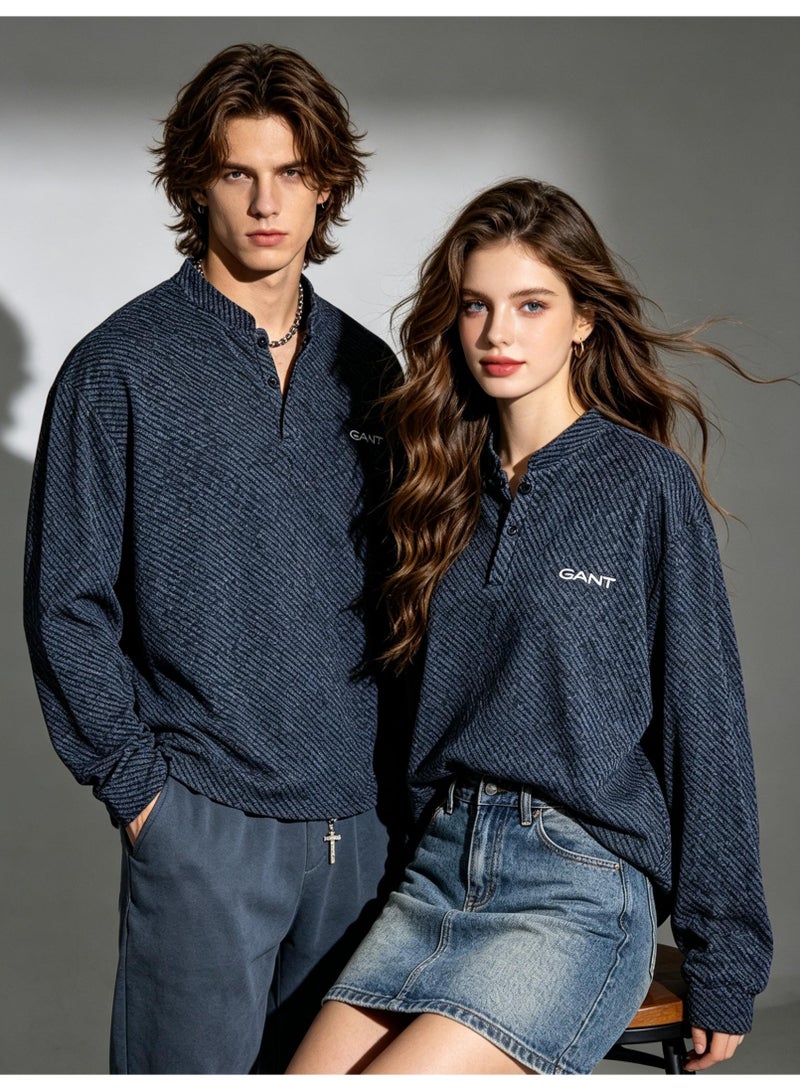 GANT Long Sleeve Henley Shirt for Men and Women, Dark Blue Striped, Casual Stand Collar Top - Image 2