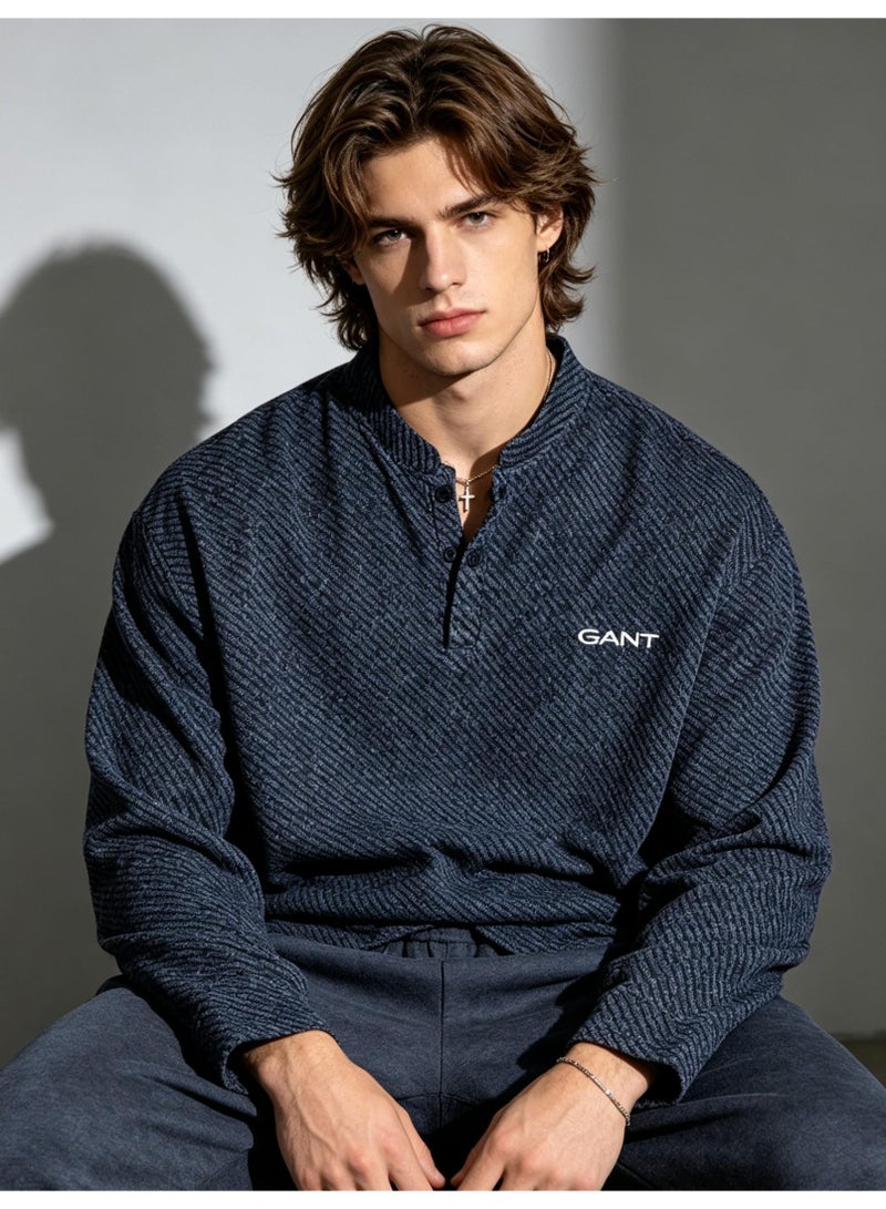 GANT Long Sleeve Henley Shirt for Men and Women, Dark Blue Striped, Casual Stand Collar Top - Image 5