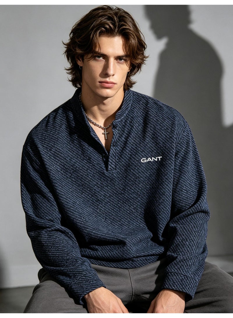 GANT Long Sleeve Henley Shirt for Men and Women, Dark Blue Striped, Casual Stand Collar Top - Image 4