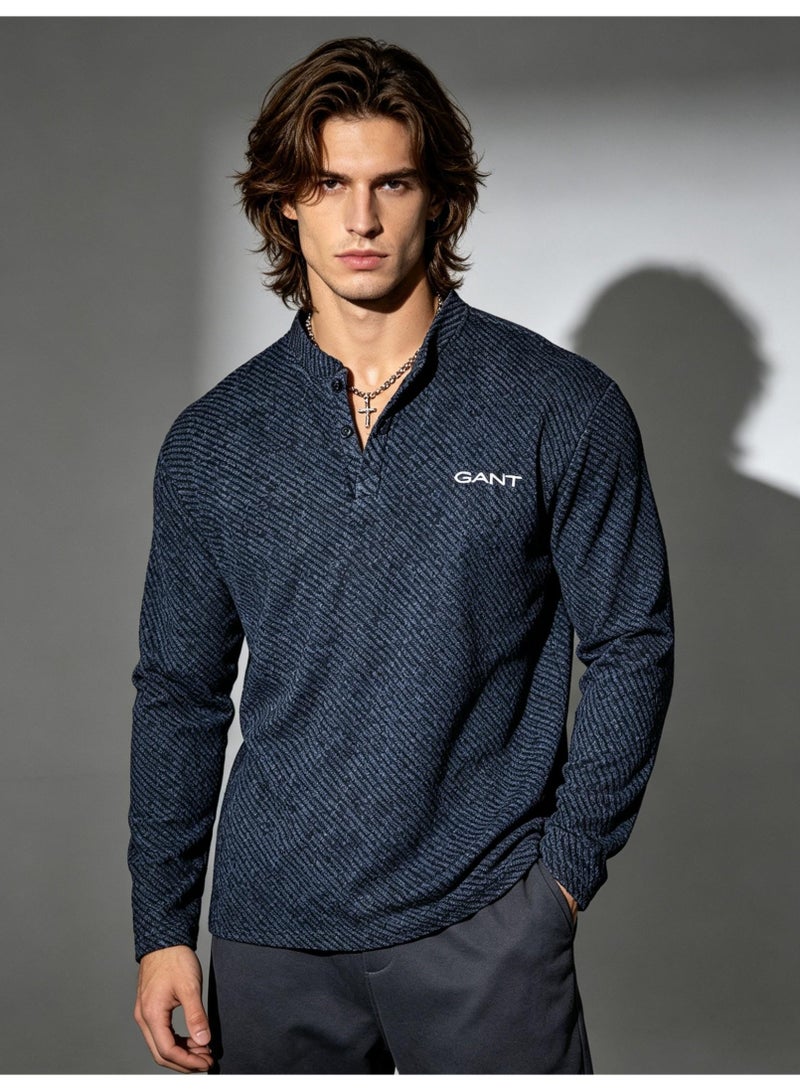GANT Long Sleeve Henley Shirt for Men and Women, Dark Blue Striped, Casual Stand Collar Top - Image 1