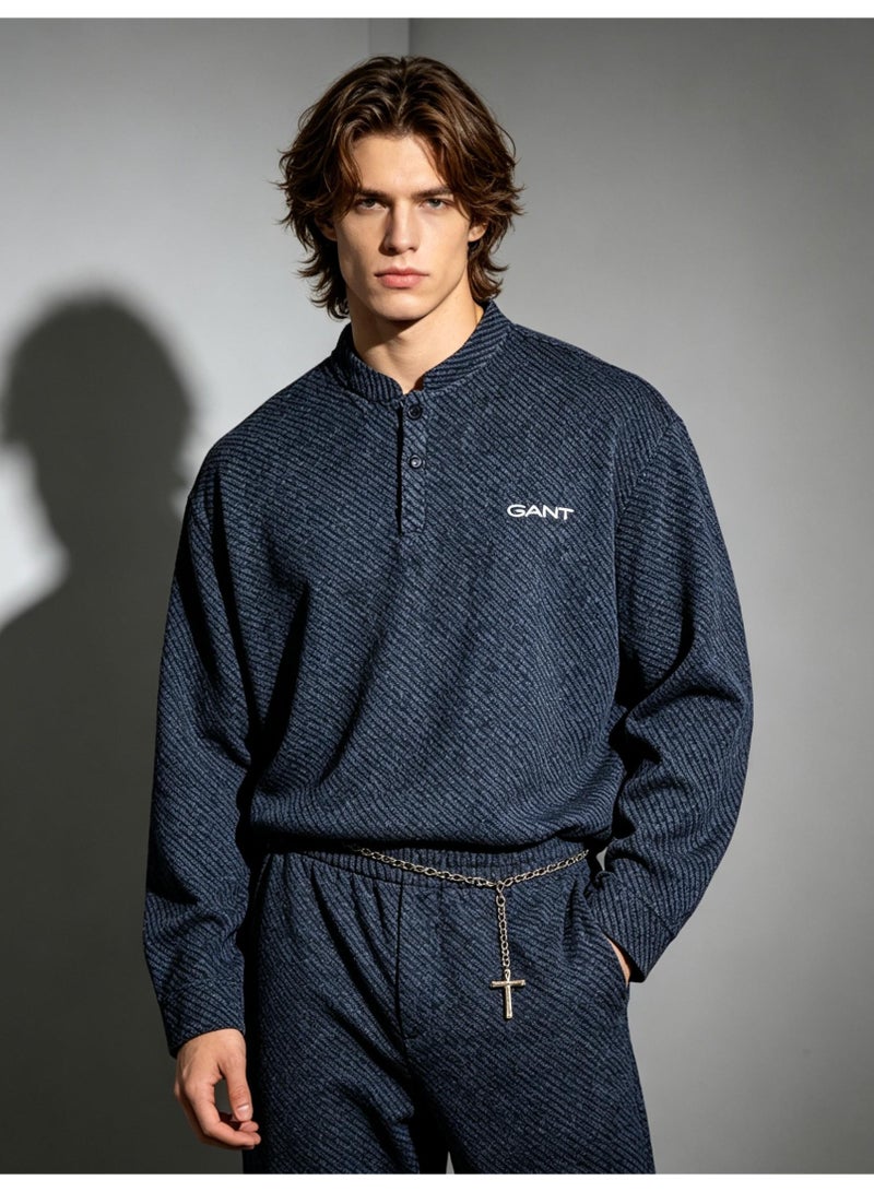 GANT Long Sleeve Henley Shirt for Men and Women, Dark Blue Striped, Casual Stand Collar Top - Image 3