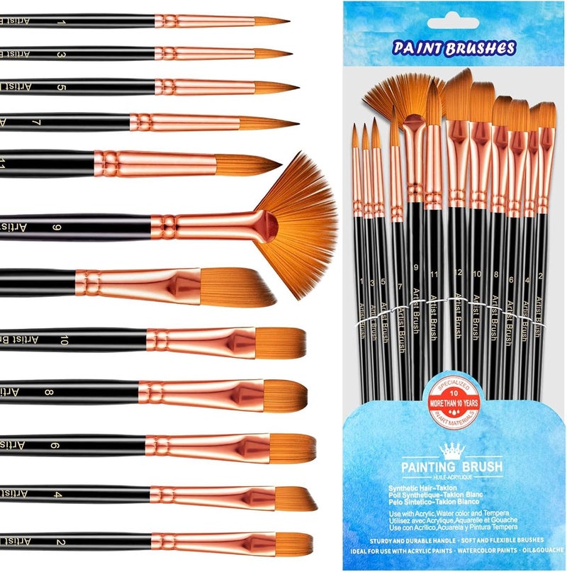 Freedy Craft Painting Brushes Set of 12 Professional Round Pointed Tip Nylon Hair Artist Acrylic Paint Brush for Acrylic/Watercolor/Oil Painting 22 - Image 1