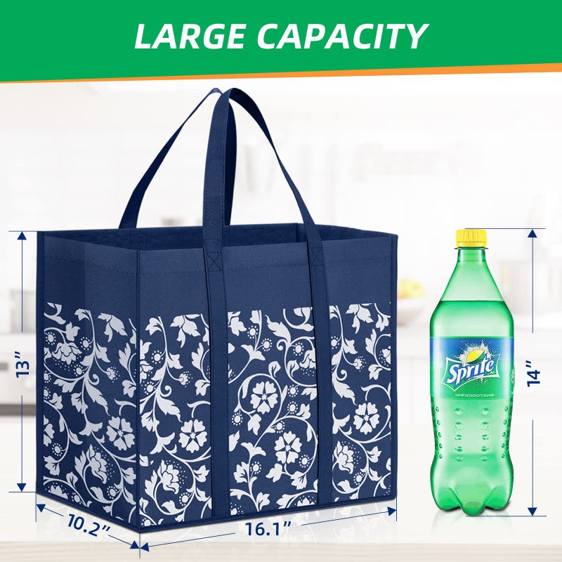 WOWBOX WOWBOX Reusable Grocery Bags Foldable Tote Bags bulk with Reinforced Handles Shopping Bags for Groceries Heavy Duty Large bags Kitchen Reusable Grocery Bags with Waterproof Coating 6-Pack  Blue - Image 2