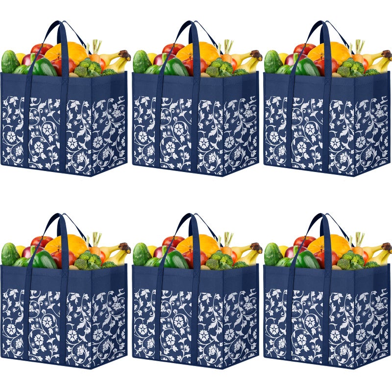 WOWBOX WOWBOX Reusable Grocery Bags Foldable Tote Bags bulk with Reinforced Handles Shopping Bags for Groceries Heavy Duty Large bags Kitchen Reusable Grocery Bags with Waterproof Coating 6-Pack  Blue - Image 1
