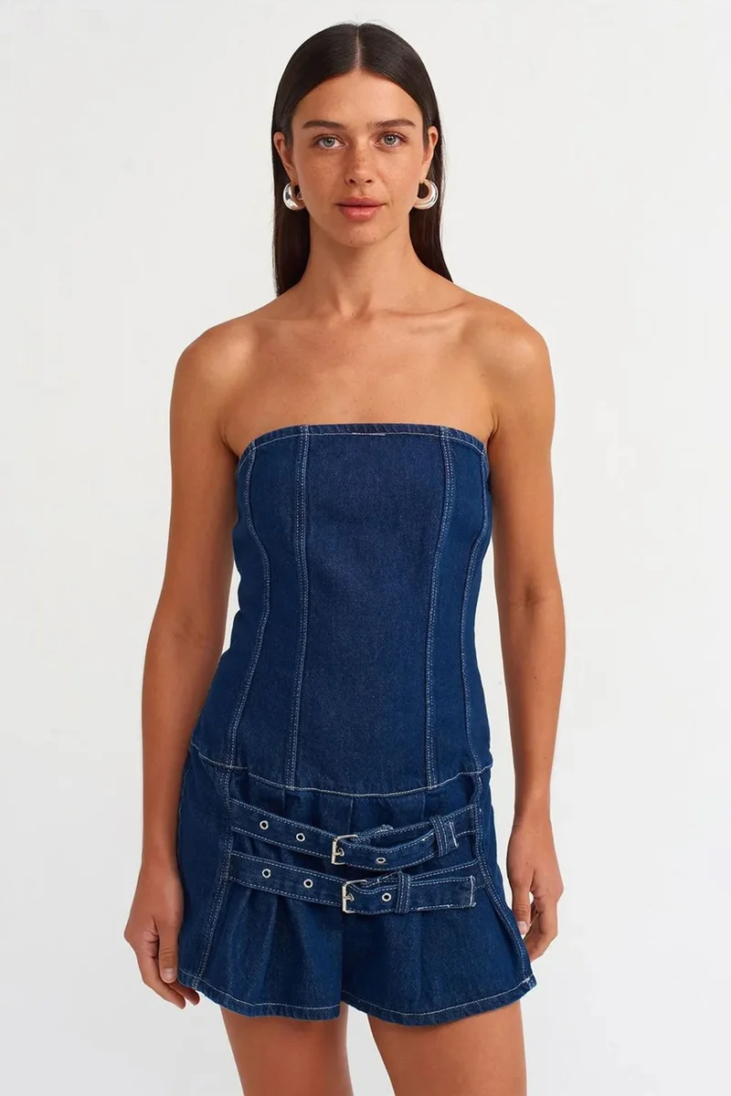 ديلفين DILVIN Strapless Mini Denim Dress With Belt