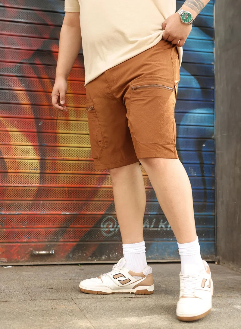 انستافاب بلس Instafab Plus Men Modular-Utility Shorts | Mid-Rise , Elasticated -Waistband | Button Closure , Straight Hem | Solid Textured | Woven Fabric For Street & Casual Wear | Brick Brown