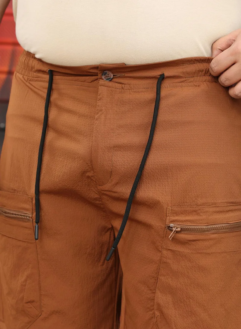 انستافاب بلس Instafab Plus Men Modular-Utility Shorts | Mid-Rise , Elasticated -Waistband | Button Closure , Straight Hem | Solid Textured | Woven Fabric For Street & Casual Wear | Brick Brown