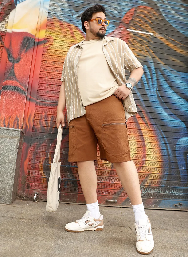 انستافاب بلس Instafab Plus Men Modular-Utility Shorts | Mid-Rise , Elasticated -Waistband | Button Closure , Straight Hem | Solid Textured | Woven Fabric For Street & Casual Wear | Brick Brown