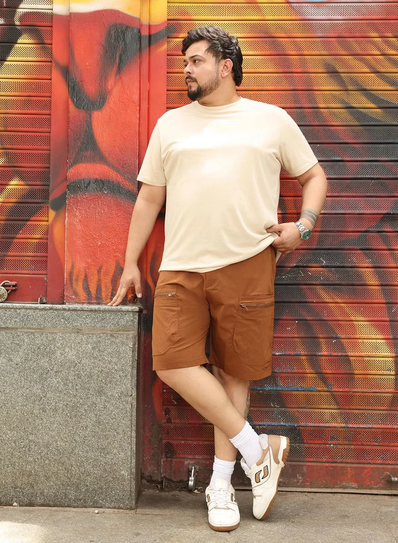 انستافاب بلس Instafab Plus Men Modular-Utility Shorts | Mid-Rise , Elasticated -Waistband | Button Closure , Straight Hem | Solid Textured | Woven Fabric For Street & Casual Wear | Brick Brown