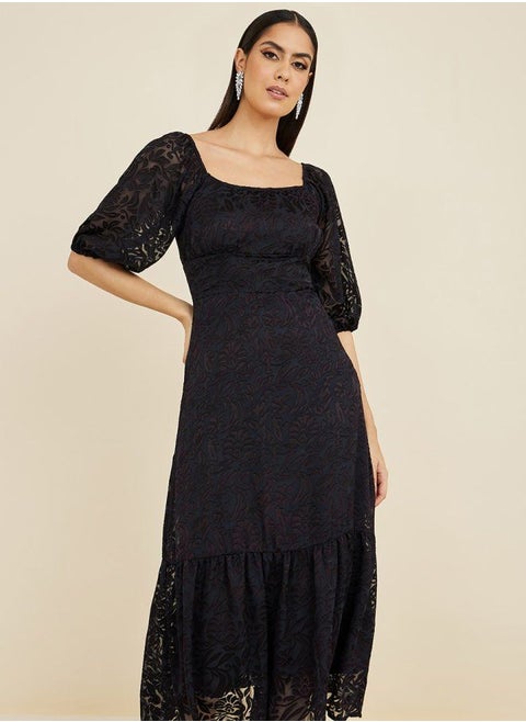 Short Sleeves Jacquard Texture A-Line Midi Dress