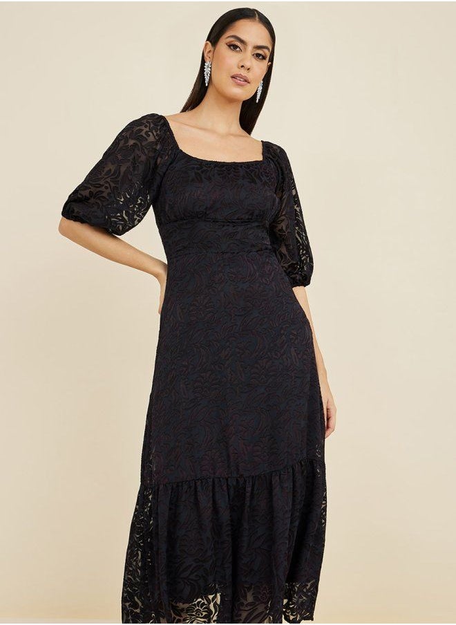 Styli - Short Sleeves Jacquard Texture A-Line Midi Dress - Image 1