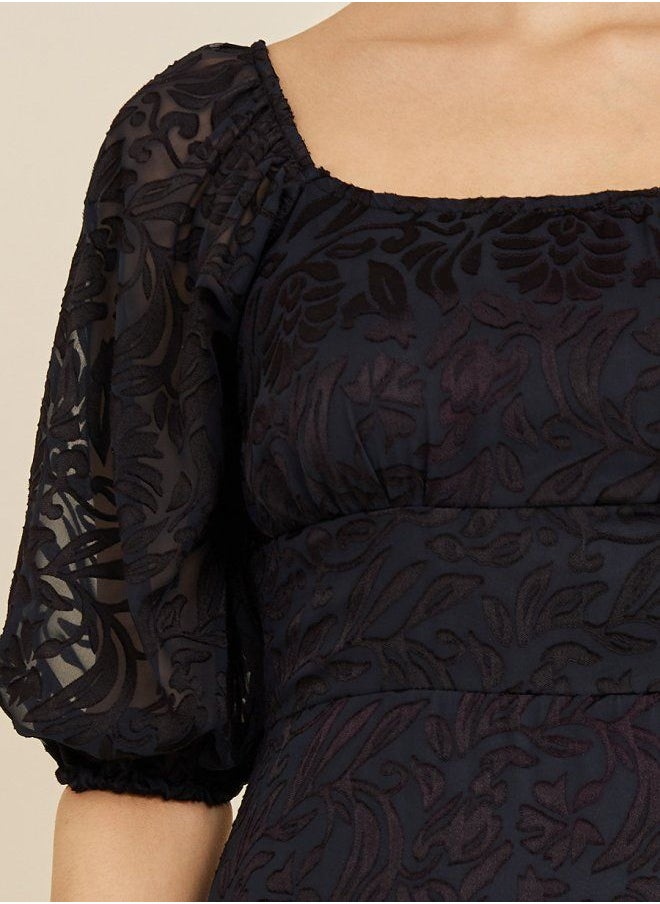 Styli - Short Sleeves Jacquard Texture A-Line Midi Dress - Image 1