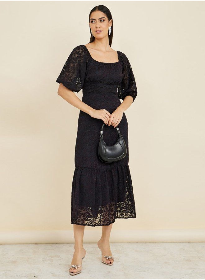 Styli - Short Sleeves Jacquard Texture A-Line Midi Dress - Image 1